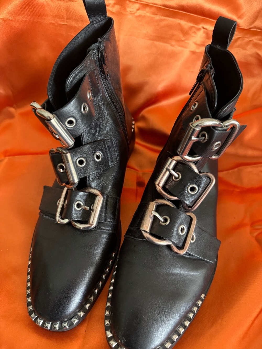 Topshop Boots Black Alfie Buckle Silver Studs Leather Ankle Side Zip Size 10/40
